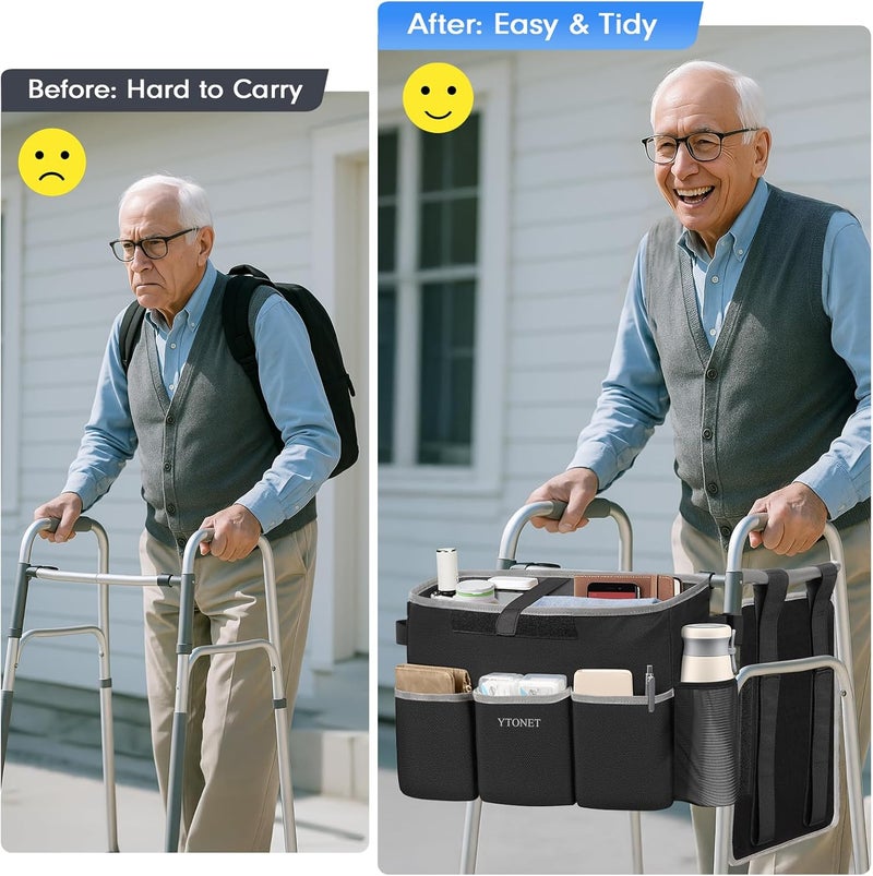 Ytonet Walker Basket with Tray, Detachable Walker Tray for Folding Walkers, Large Capacity Storage Basket with Phone and Crutch Holder, Water-Resistant Non-slip Walkers Accessories for Seniors (Black) - Image 4